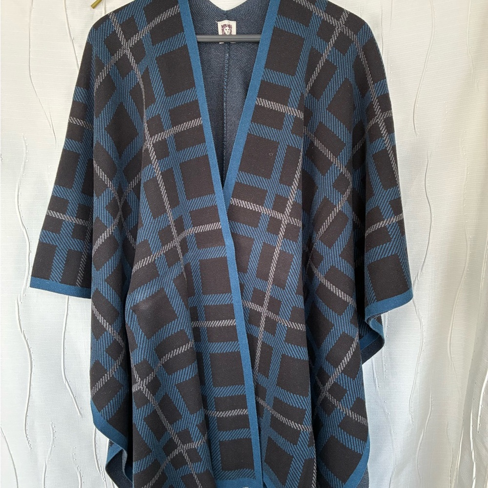Anne Klein Blue and Gray Plaid Poncho
